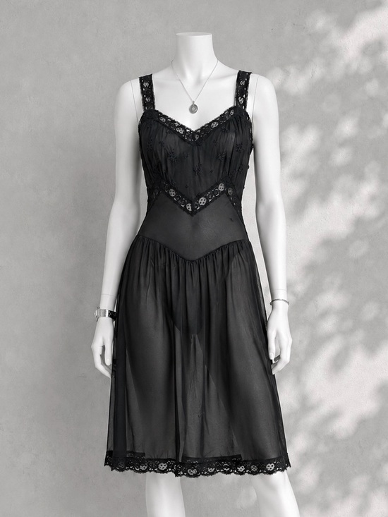 Vintage Other - Vintage 60s Whimsigoth Slip Dress S Black Lace Trim V Waist Nightgown Rogers